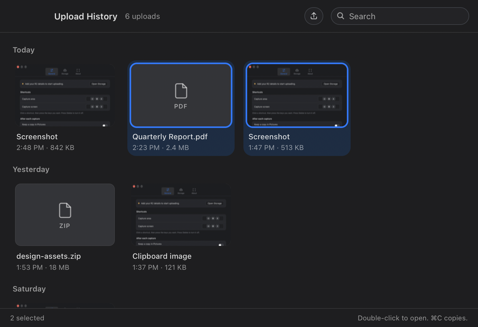 The Upload History window, with uploads grouped by day and two selected