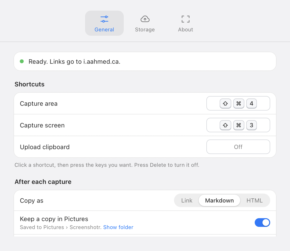 Screenshotr Settings, General tab